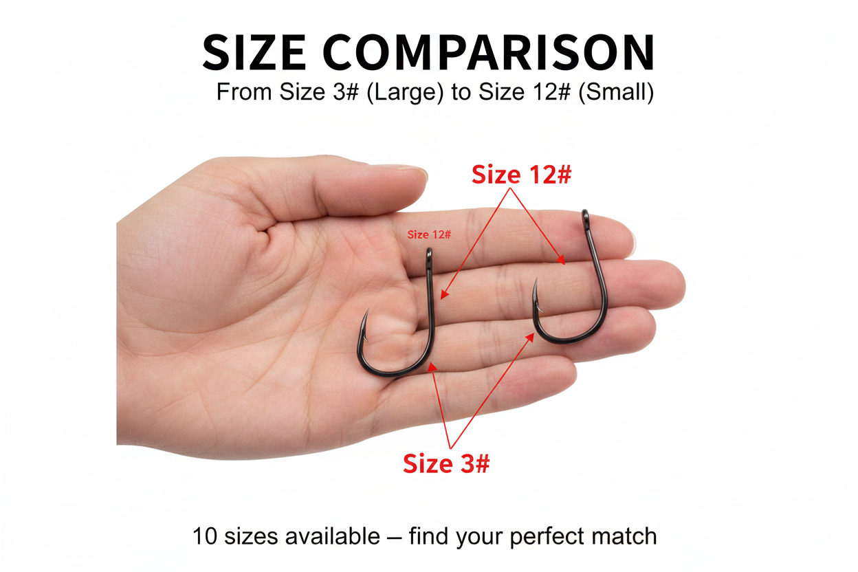 Hand holding two black fishing hooks, size 3# and size 12#