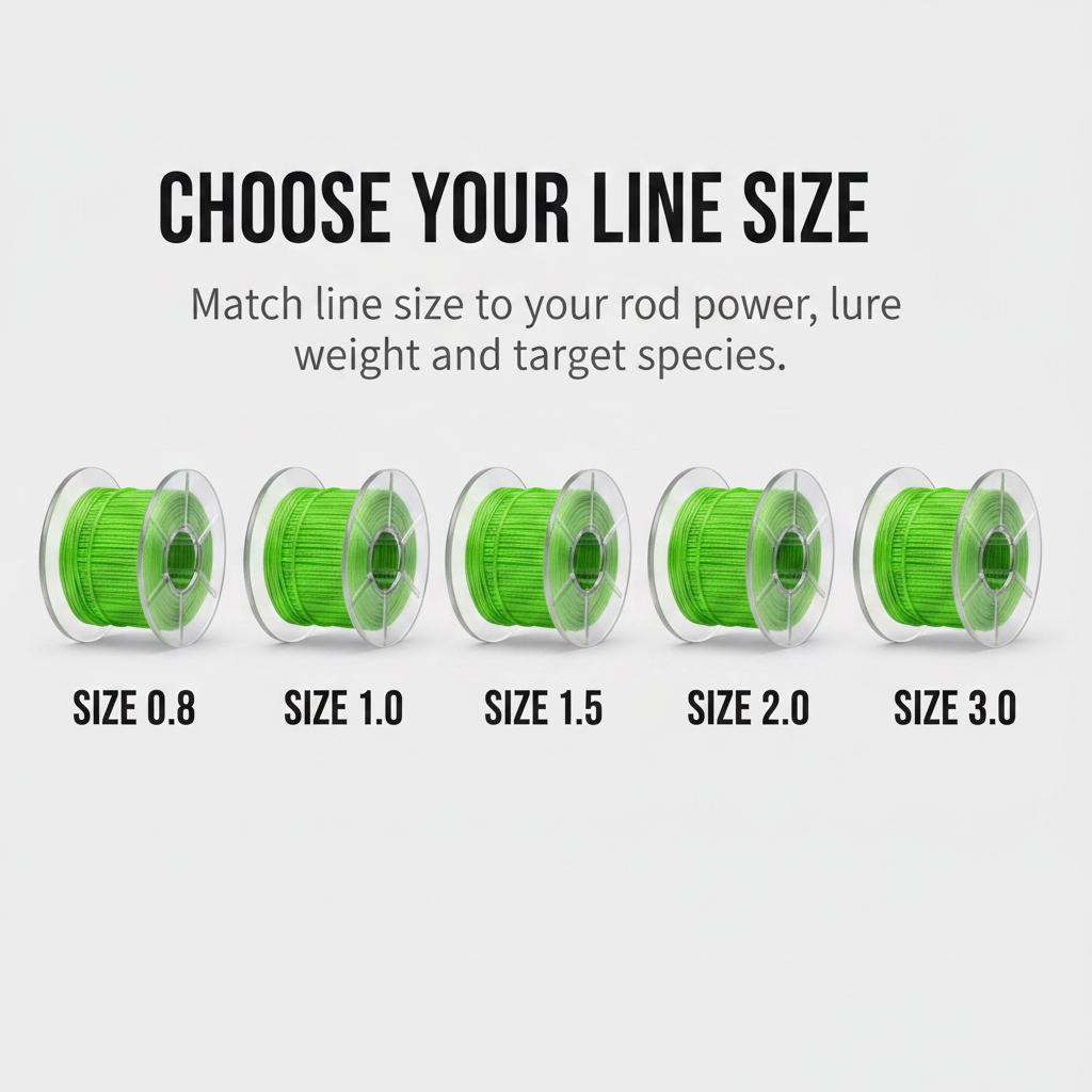 Set of fluorescent green PE braided fishing line spools in sizes 0.8 to 3.0