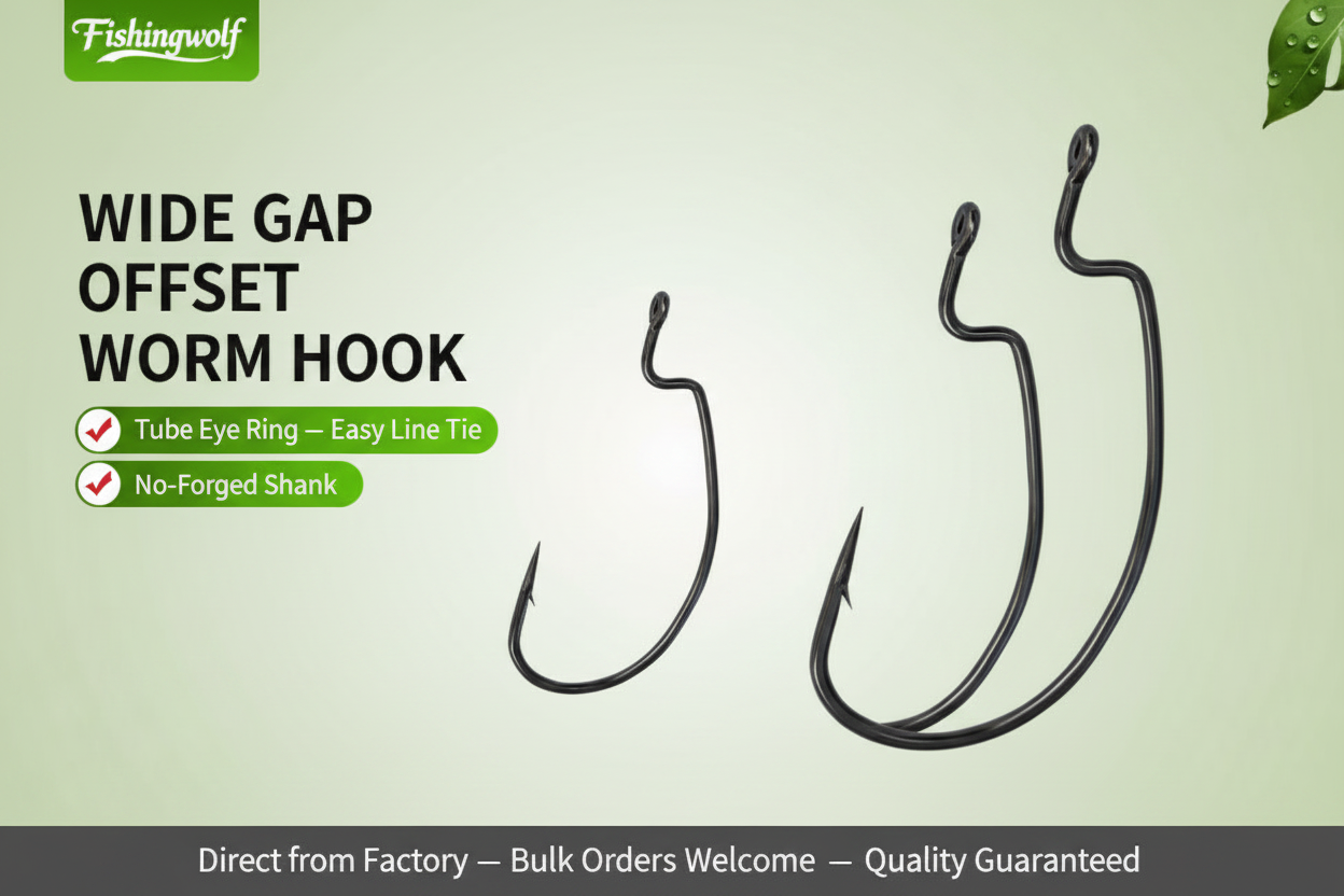 Fishingwolf wide gap offset worm hook diagram with tube eye ring and no-forged shank