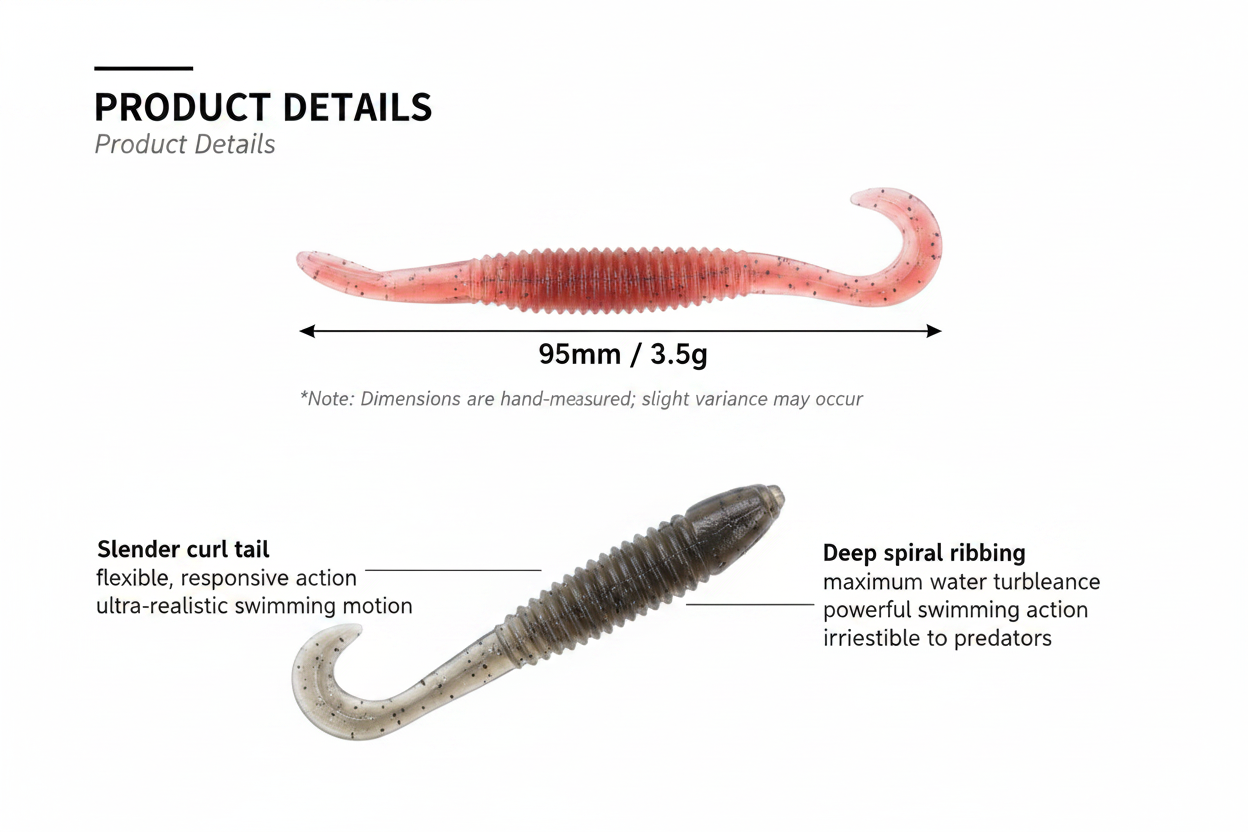 TPR curl-tail soft fishing lure with pink-red ribbed body and curved tail, 95mm / 3.5g