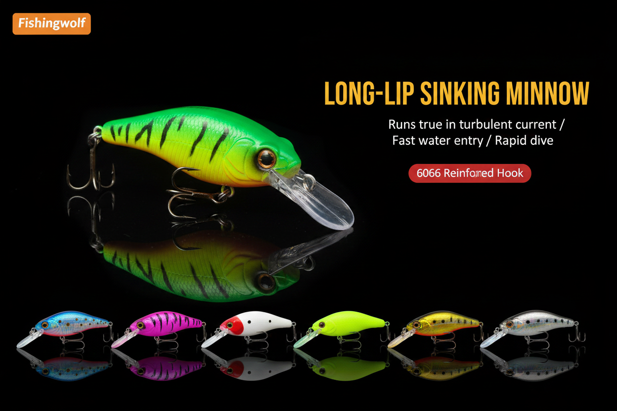 Green long-lip sinking minnow lure with treble hooks; multiple color lures below