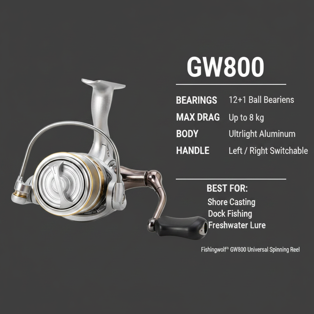 Ultralight long-cast spinning reel, silver body with gold spool and switchable handle