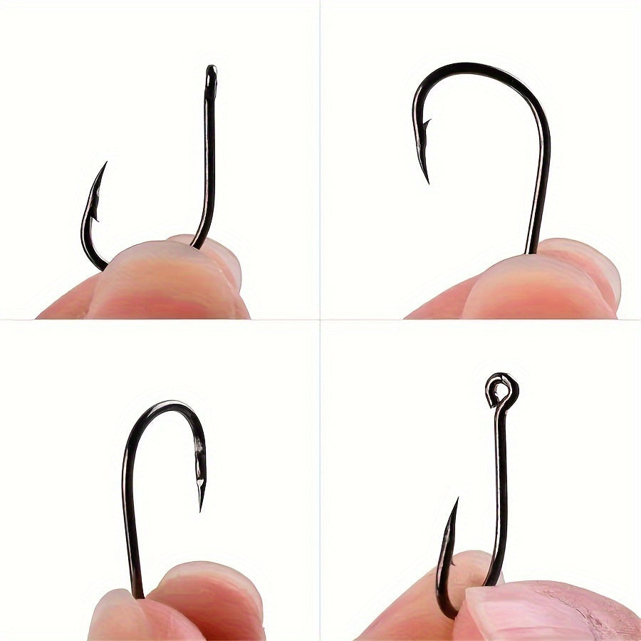 Fishing hooks held in fingers, black round-bend tube-eye hooks