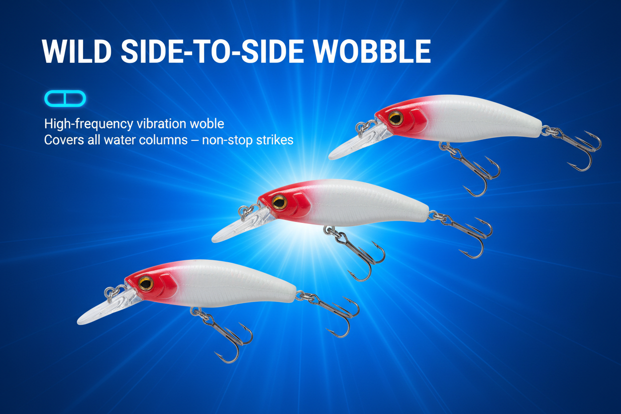 Three white long-lip crankbaits with red eyes and treble hooks