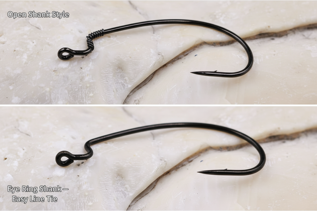 Offset worm hook in dark metal with open shank and round eye ring