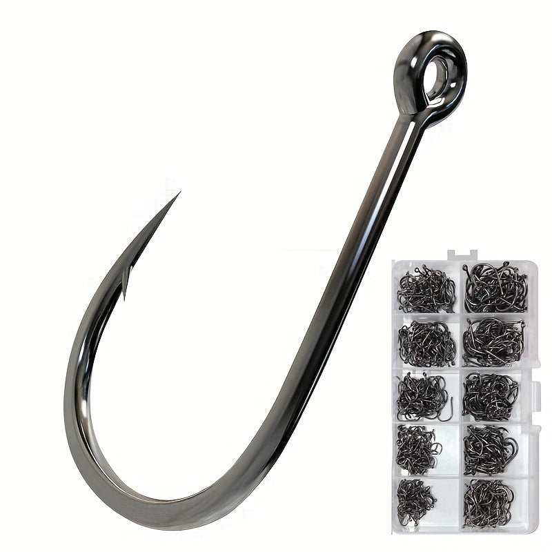 Single black round-bend fishing hook with clear 10-slot tackle box