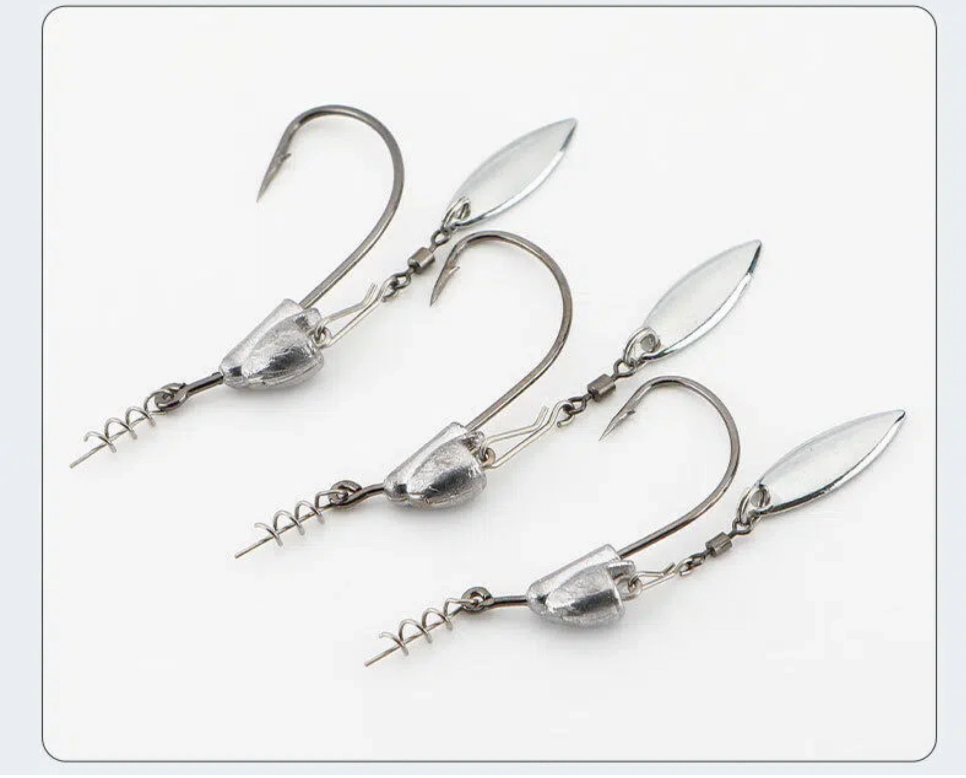 Crank hook lure multipack with silver weighted leads, teardrop blades, and single hooks