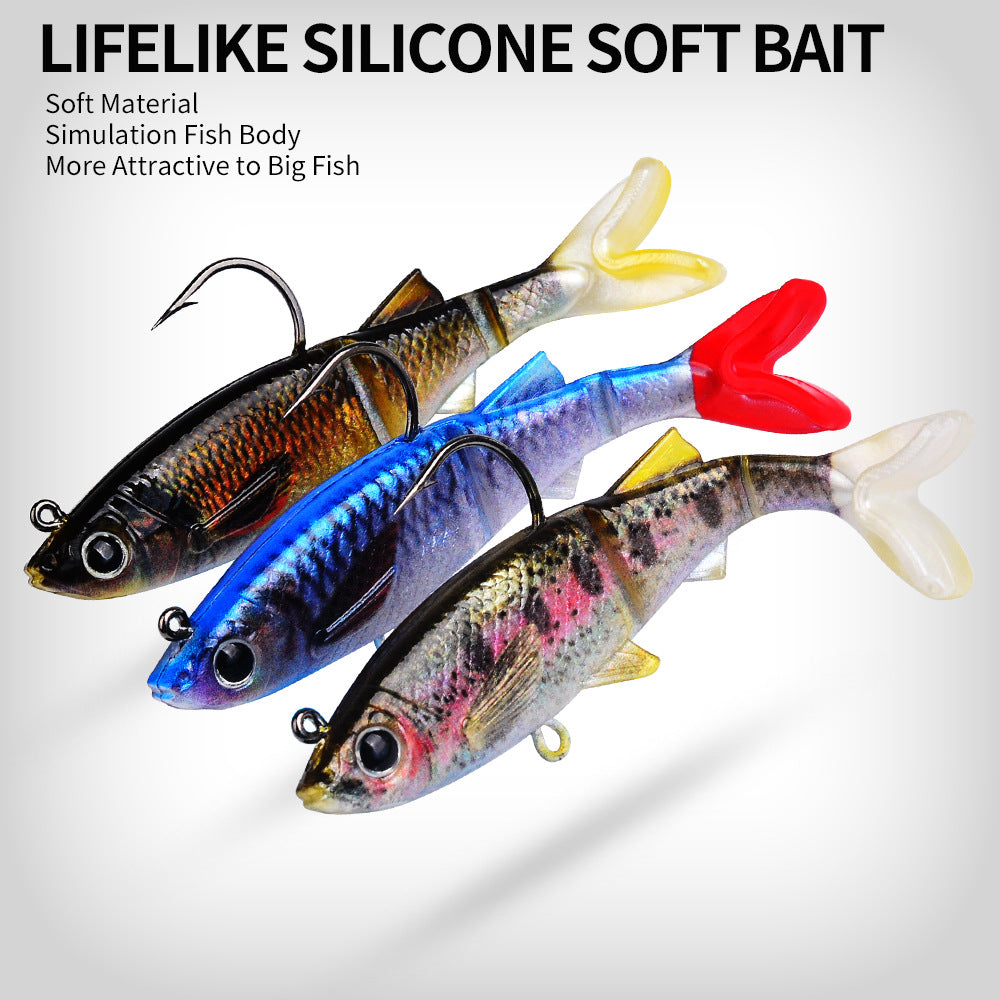 Fish-shaped soft swimbait jig lures with curved hooks and lifelike multi-color bodies