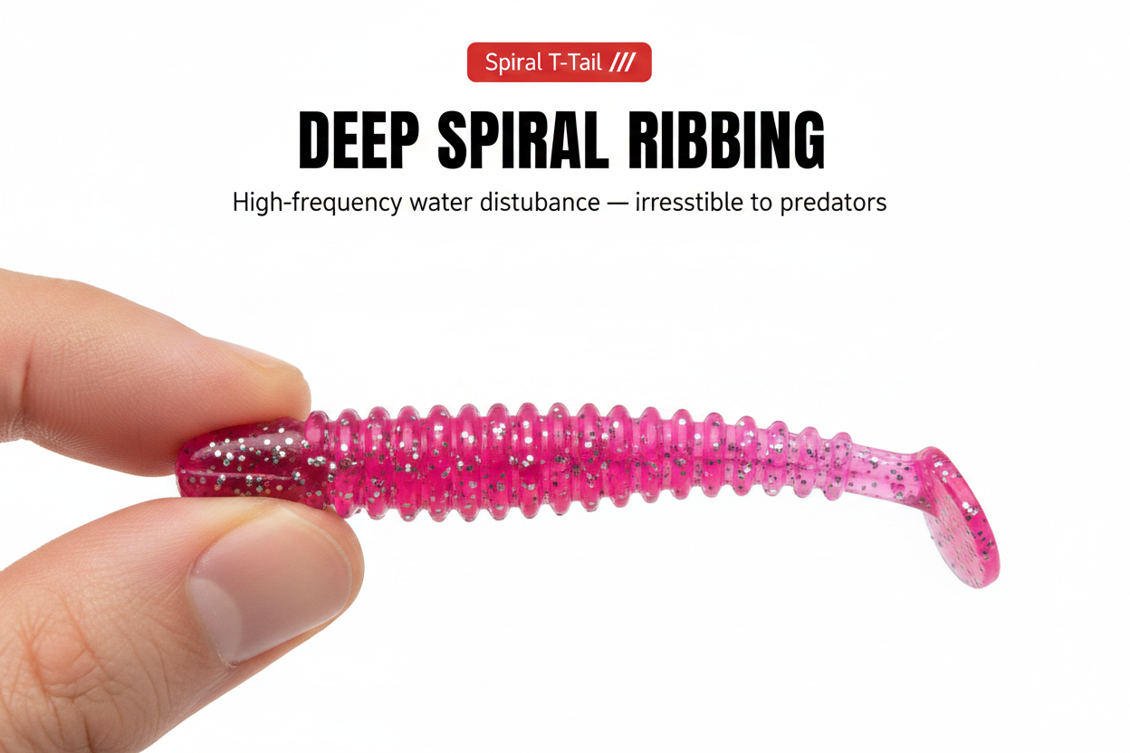 Spiral T-tail soft lure with jig head, close-up of pink ribbed body and paddle tail