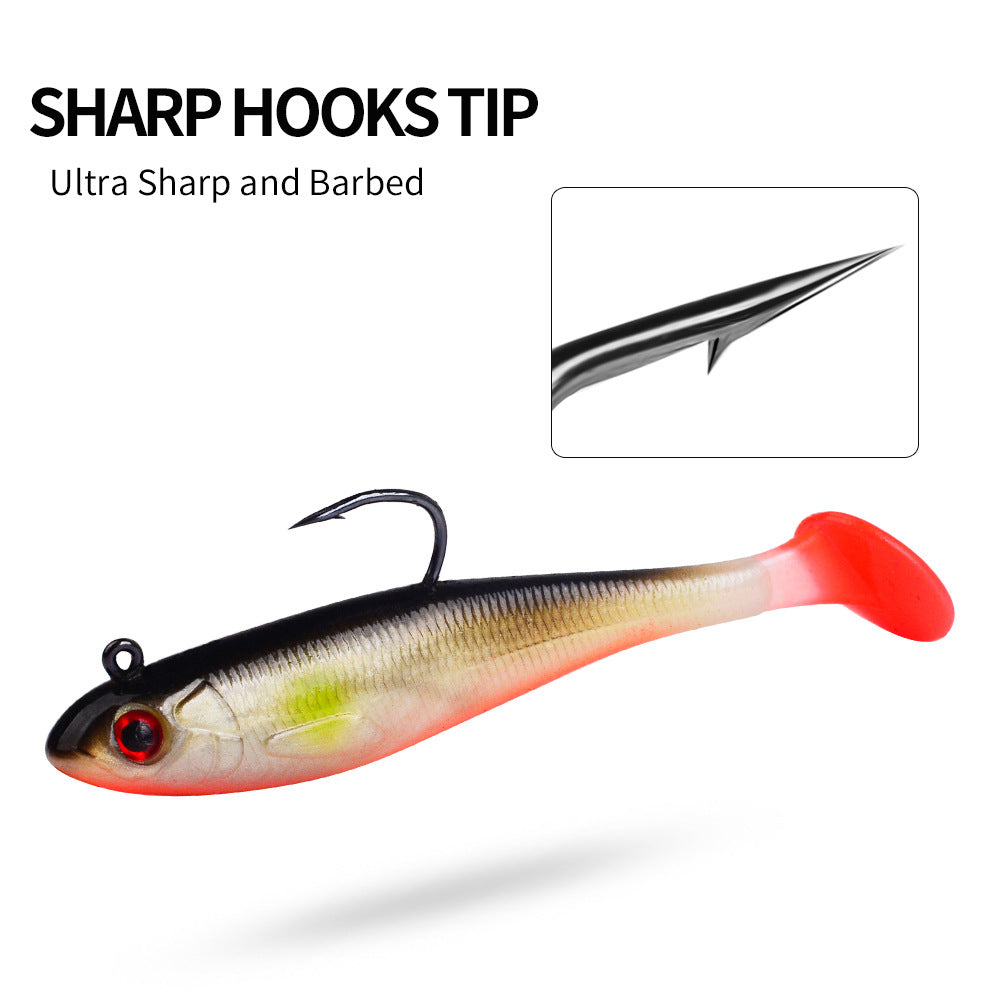 Soft paddle tail swimbait lure with ultra-sharp barbed hook and red-tinted belly
