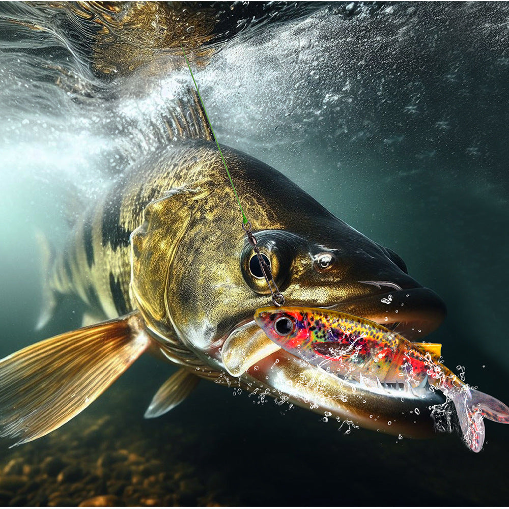 Fish-shaped soft swimbait jig lure with painted body and curved hook