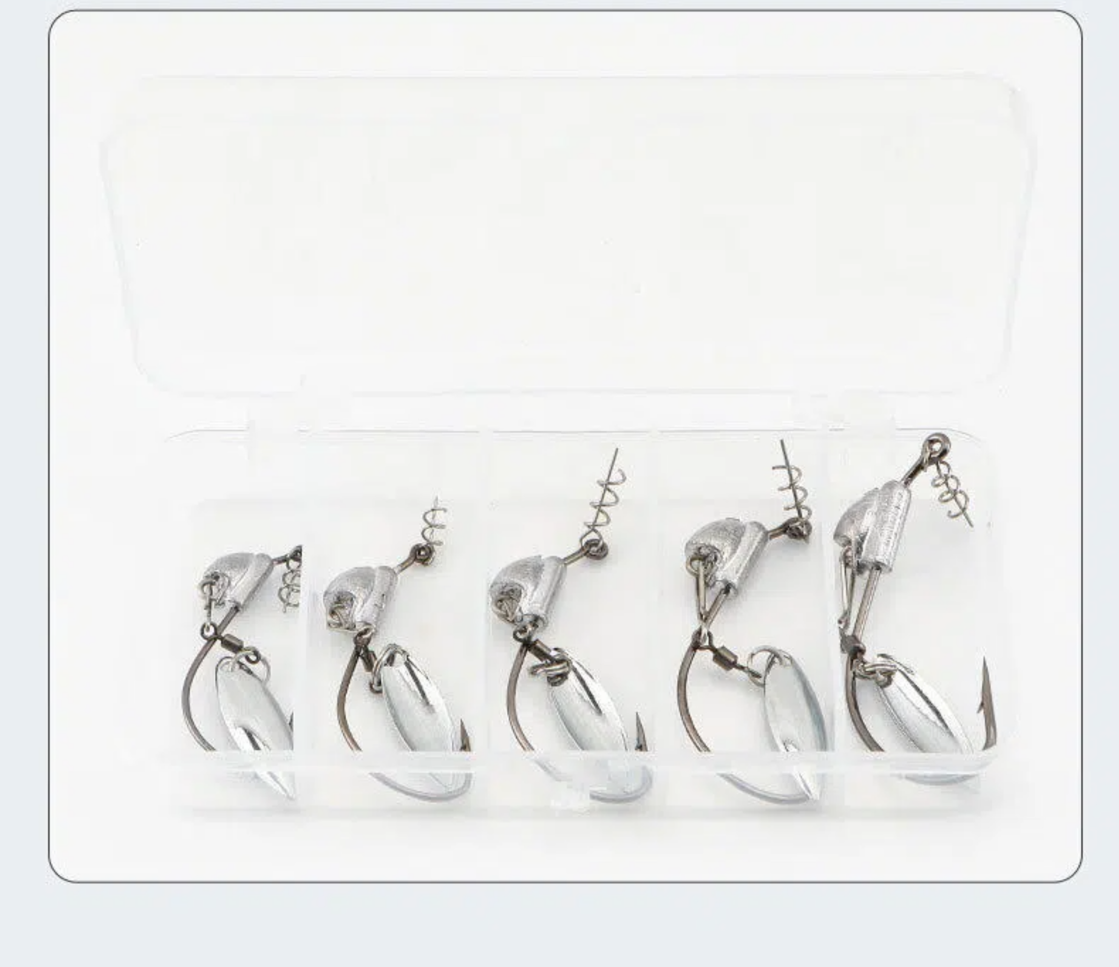 Crank hook lure multipack in tray with silver weighted leads, teardrop blades, single hooks