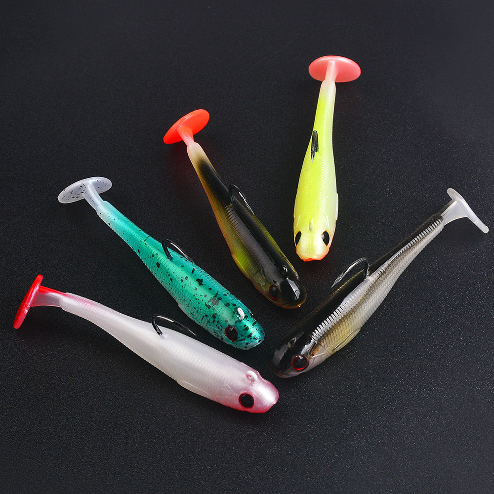 Five soft paddle tail swimbait lures in assorted colors with red-tinted tails and hooks