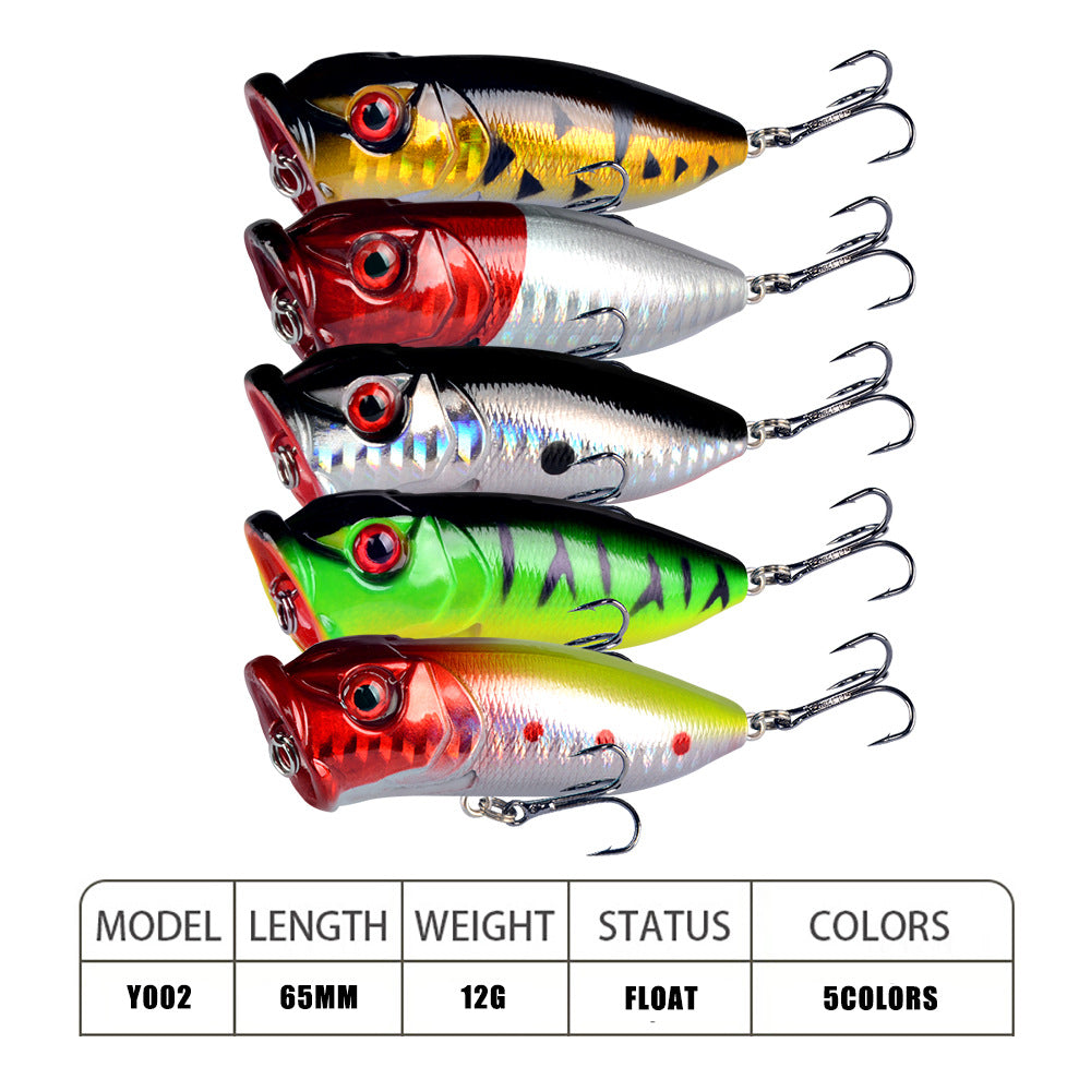 Topwater popper fishing lure set, glossy finishes with treble hooks and 3D eyes