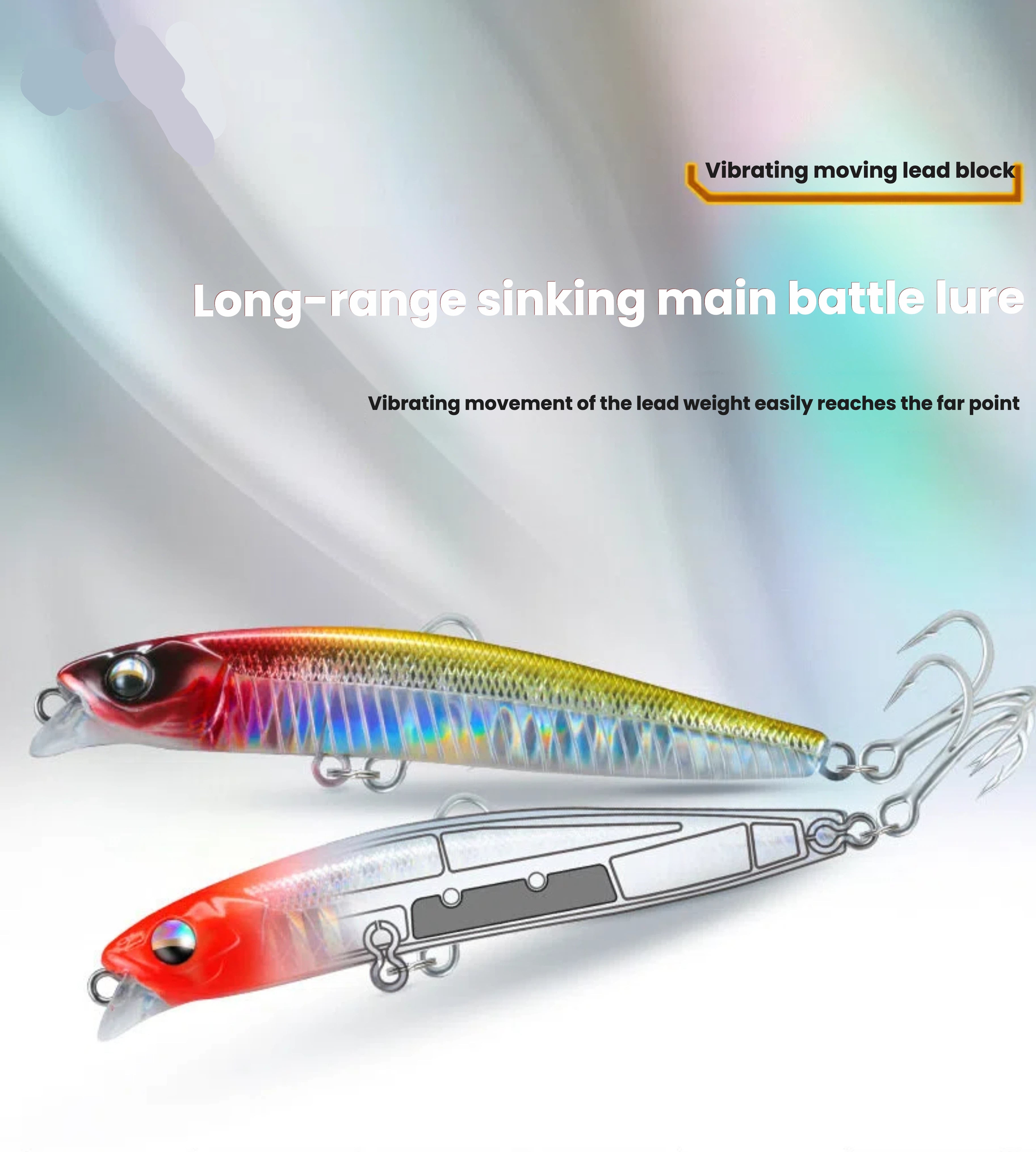 Long-casting minnow fishing lure, red-and-gold holographic body, twin treble hooks