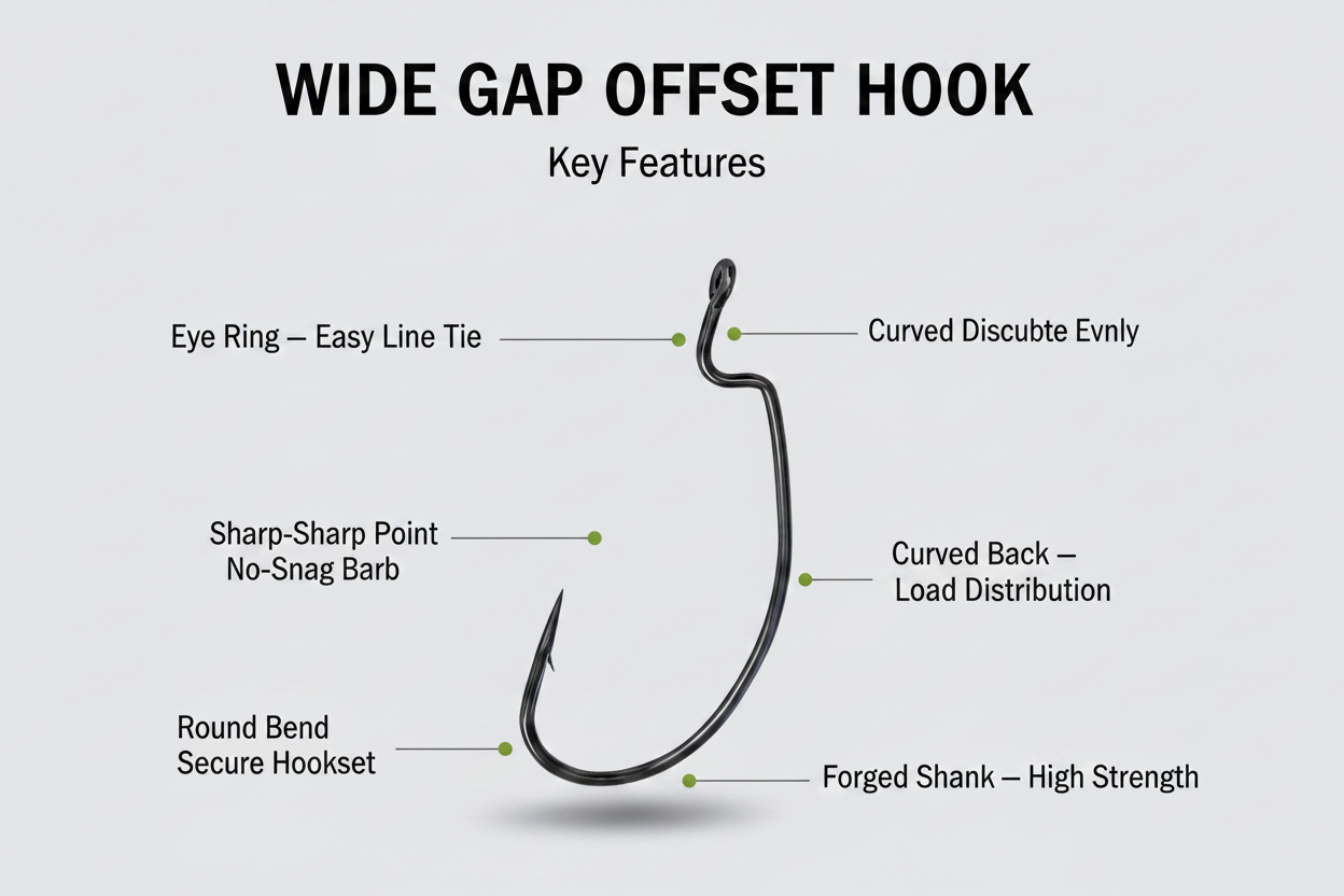 Wide gap offset hook schematic with curved eye ring and no-barb point
