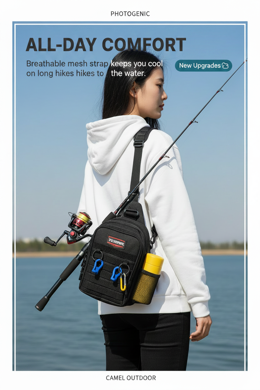 Black camo fishing sling bag with breathable strap, worn on side of torso