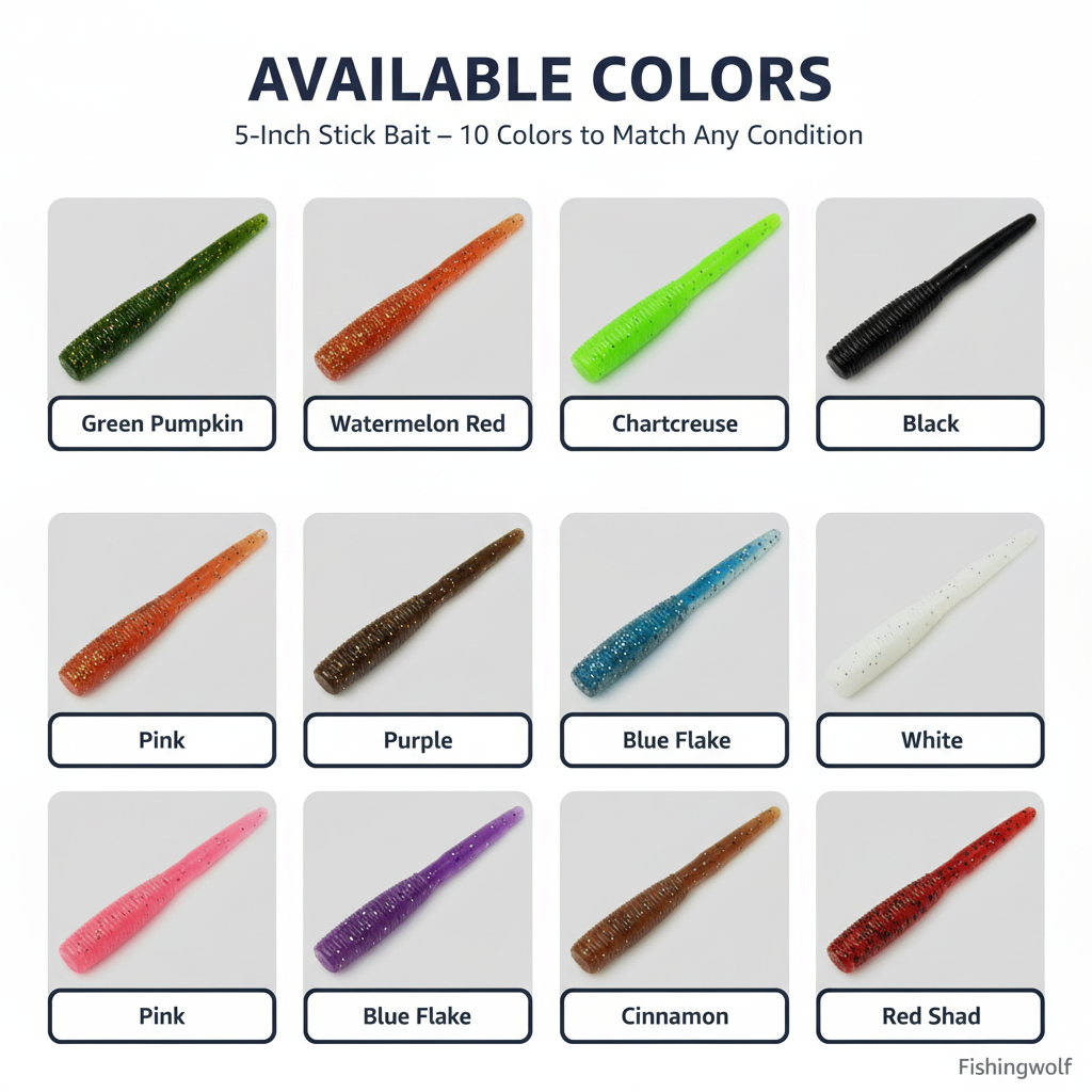 Assorted 5-inch stick bait worm colors shown, including Green Pumpkin, Watermelon Red, Black