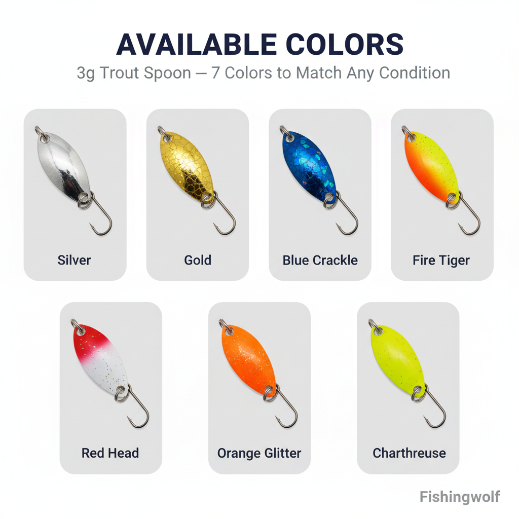 Trout spoon lure colors shown: silver, gold, blue crackle, fire tiger, red head, chartreuse