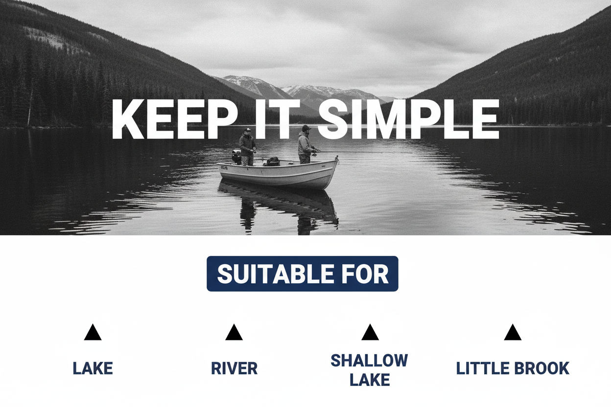 Fishing lure promo card with suitability icons for lake, river, shallow lake, and little brook