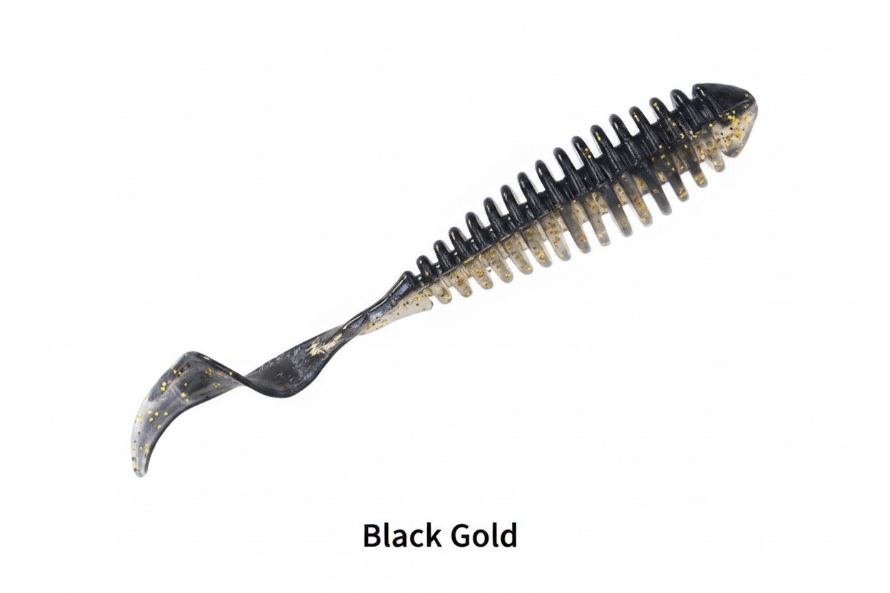 TPR curl-tail soft fishing lure in black-gold, speckled ribbed body with curled tail