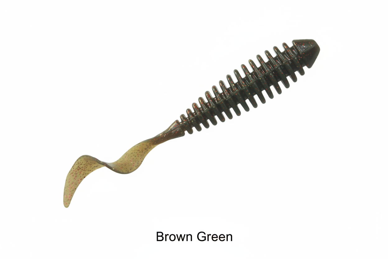 TPR curl-tail soft fishing lure in brown-green, speckled ribbed body with curled tail