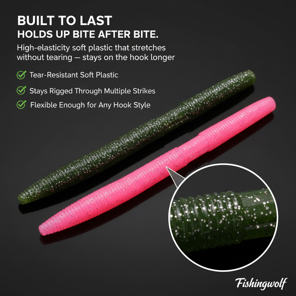 5-inch stick bait soft plastic worms, dark green and pink with speckled glitter texture