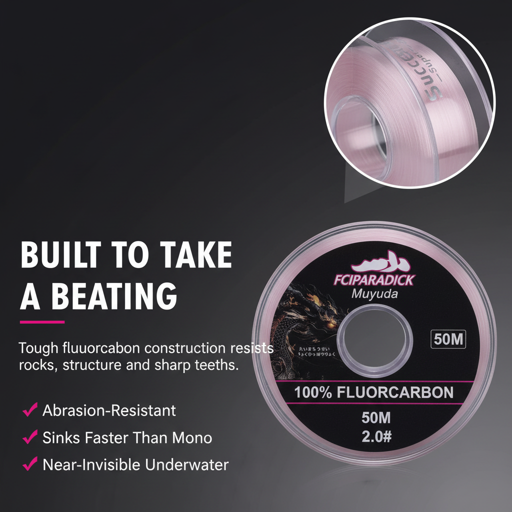 Pink fluorocarbon fishing leader line spool, 50m 2.0, abrasion-resistant