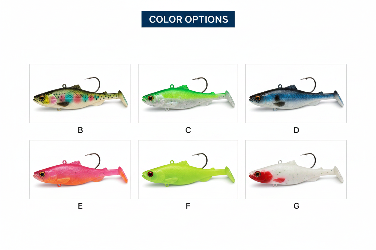 Assorted color options of trout soft plastic swimbait lures with jig hook