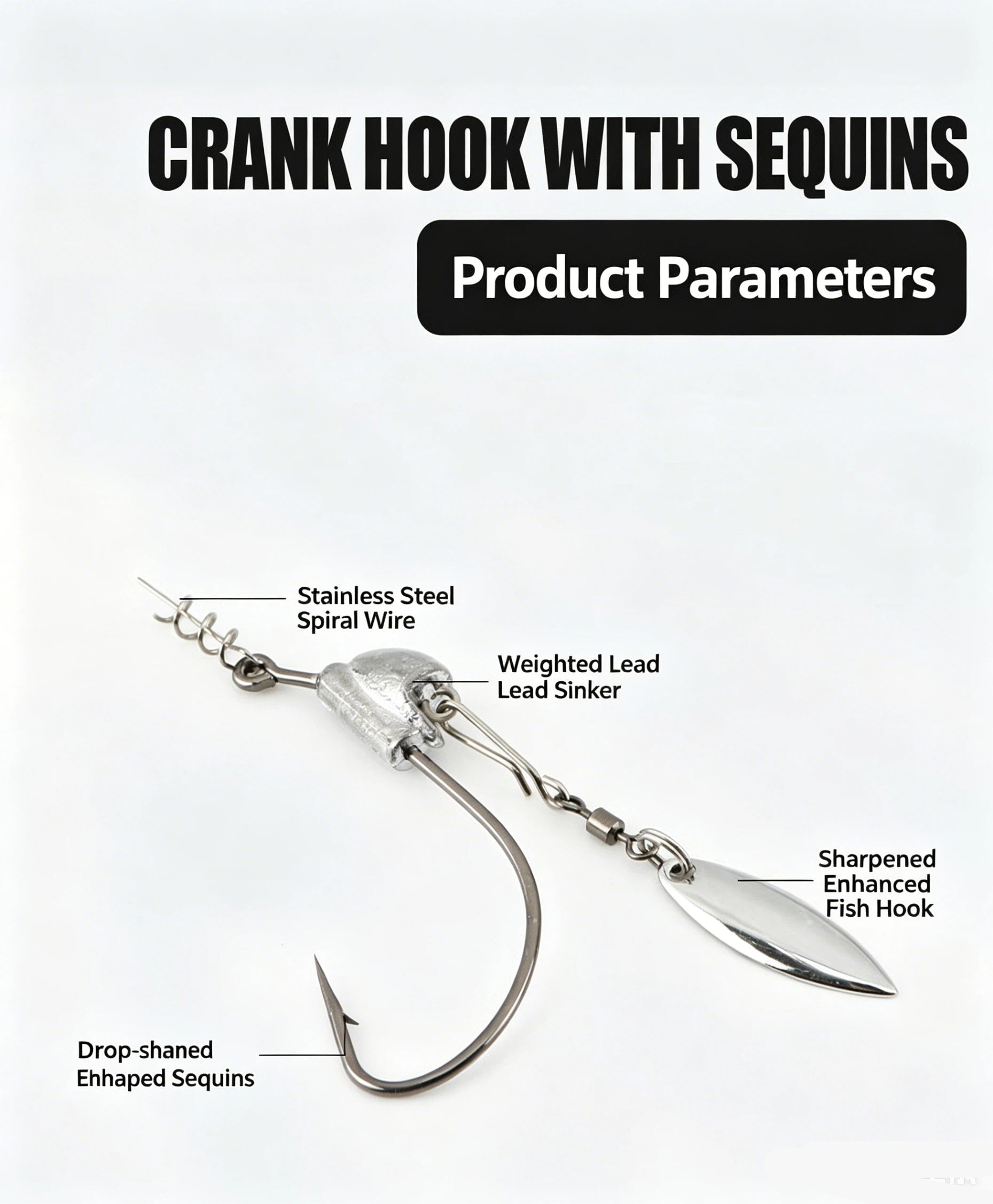 Crank hook lure with silver lead sinker, drop-shaped sequins, wide-gap fish hook