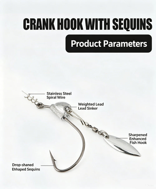 Crank hook lure with silver lead sinker, drop-shaped sequins, wide-gap fish hook