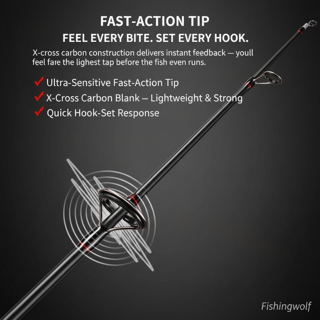 Fast-action rod tip with guide ring and black carbon blank with red wraps