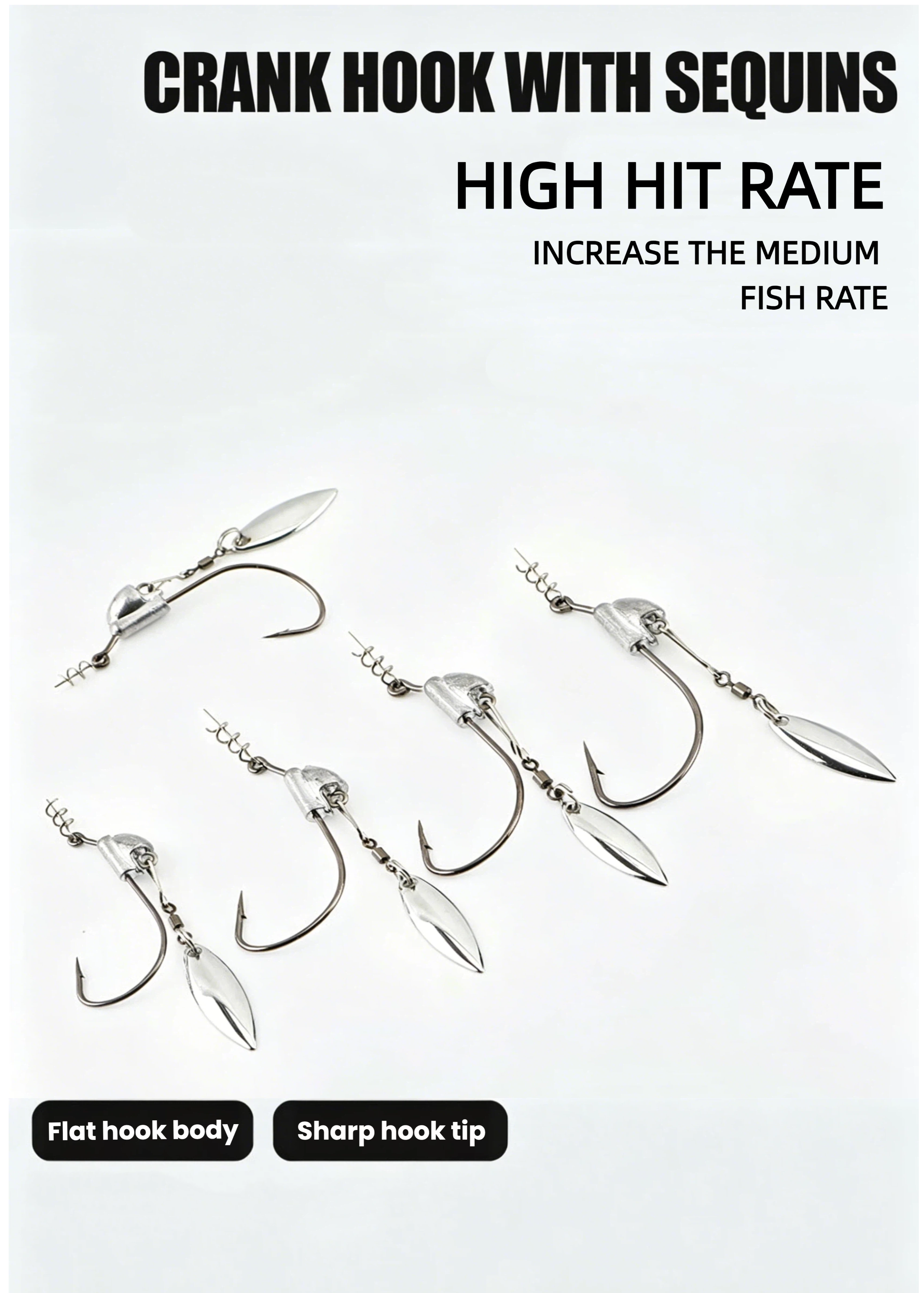 Crank hook lure set with silver lead sinkers, teardrop blades, flat hook body, sharp tip