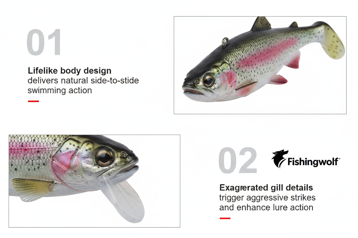 Fishingwolf trout soft plastic swimbait lure with detailed head, gill, and side pattern