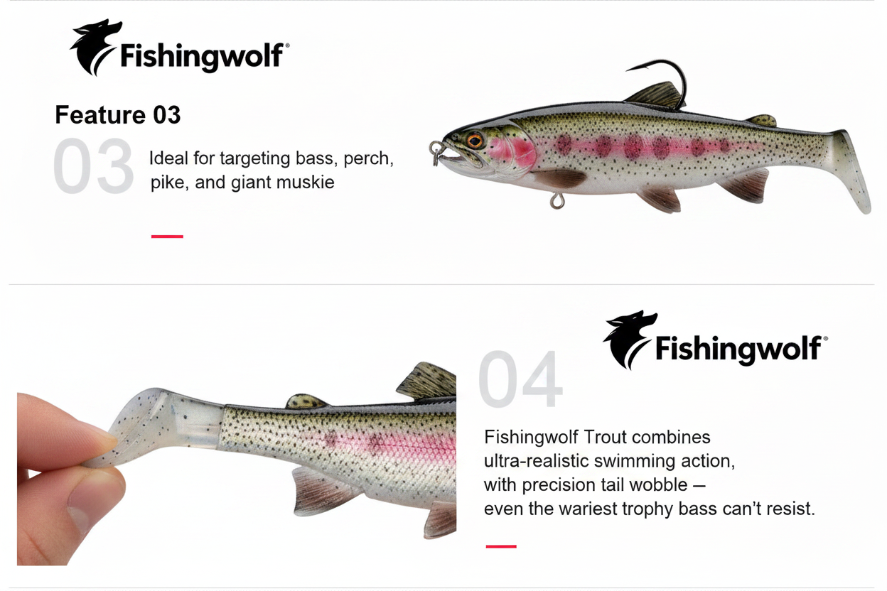 Fishingwolf trout swimbait lure with open jig hook and realistic spotted body pattern