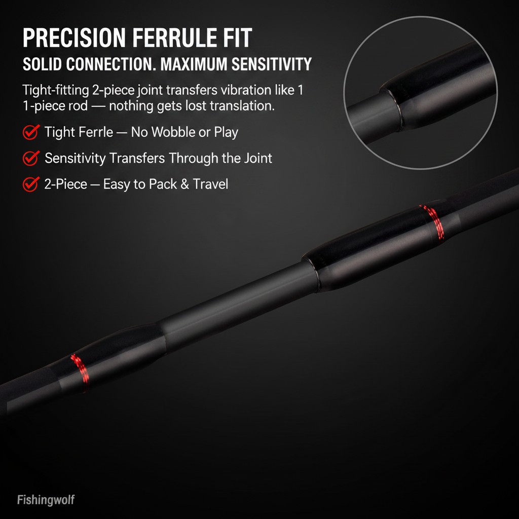Black 2-piece carbon rod ferrule joint with red accent bands on the spinning blank