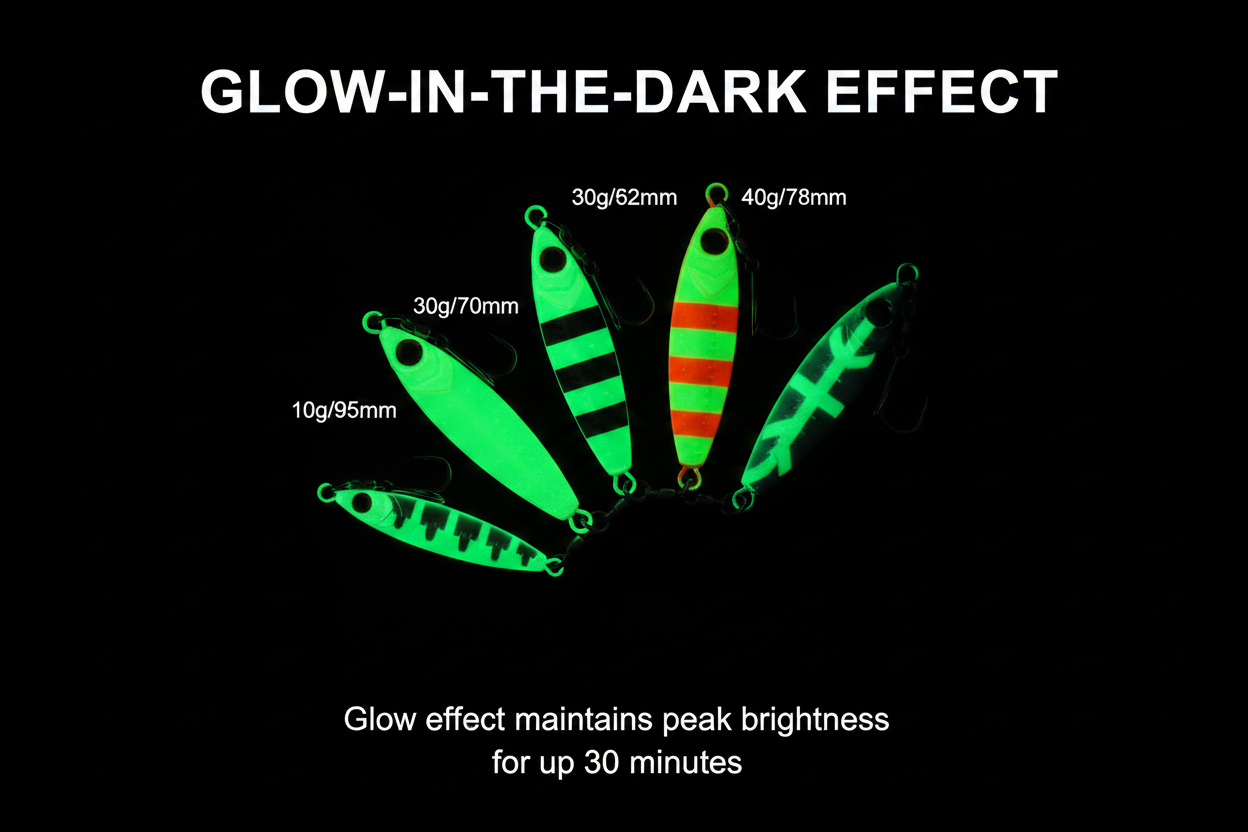 Set of glow-in-the-dark fishing spinner jig lures with silver hooks, bright green colors.