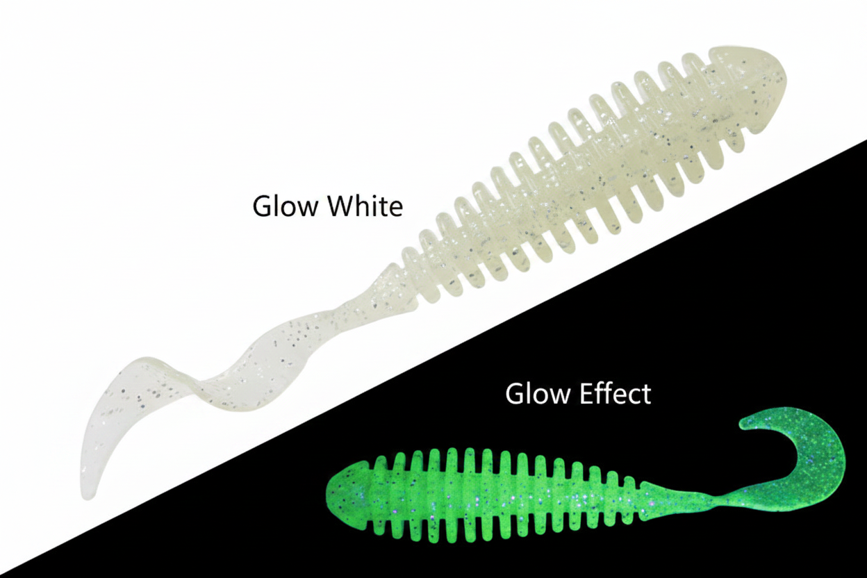 Glow-effect TPR curl-tail soft fishing lure with glow-white body and green glowing underside