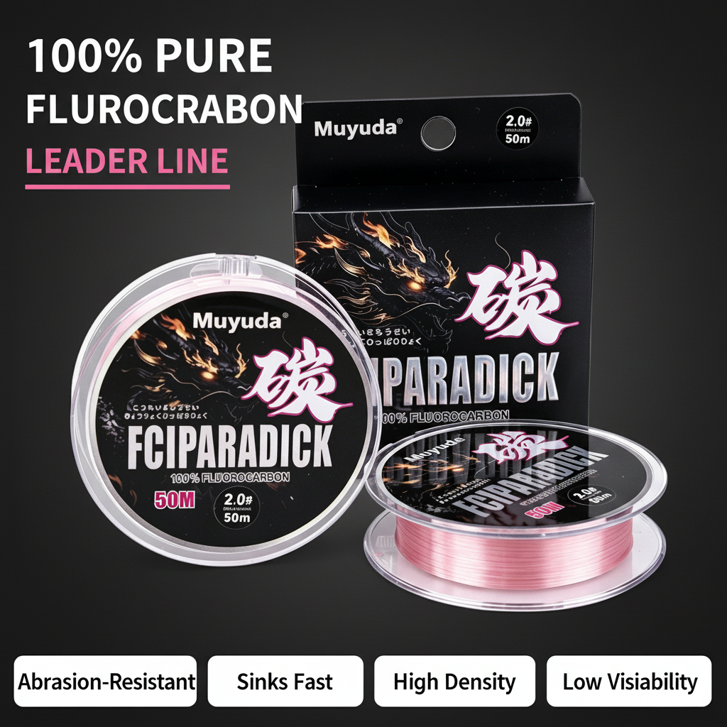Pink fluorocarbon leader line spools, 100% pure, 50m and 2.0 size shown