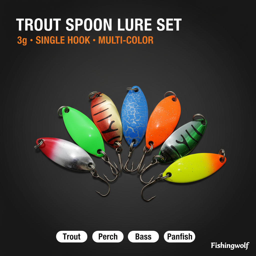 Trout spoon lure set with multiple colorful metal spoons and single hooks