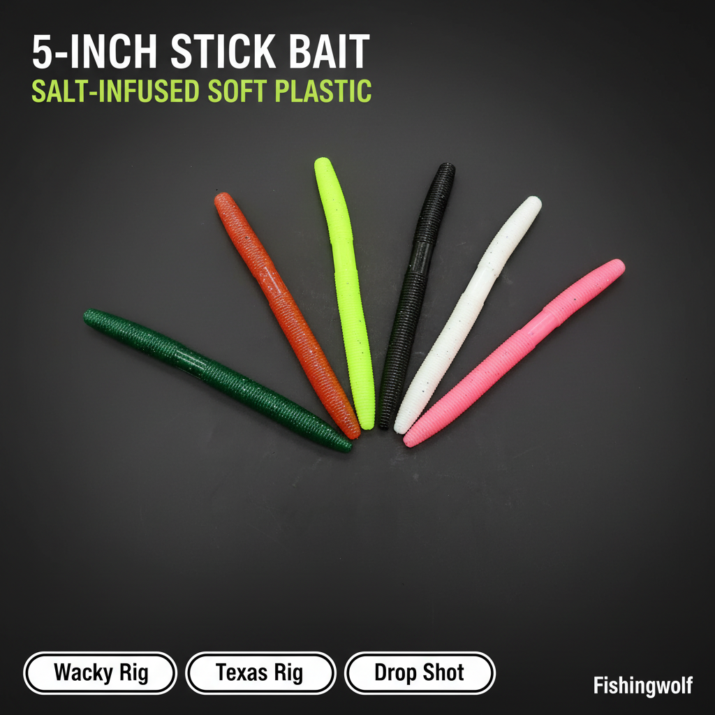 5-inch stick bait soft plastic worms, assorted green, orange, black, white, pink