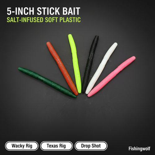5-inch stick bait soft plastic worms, assorted green, orange, black, white, pink