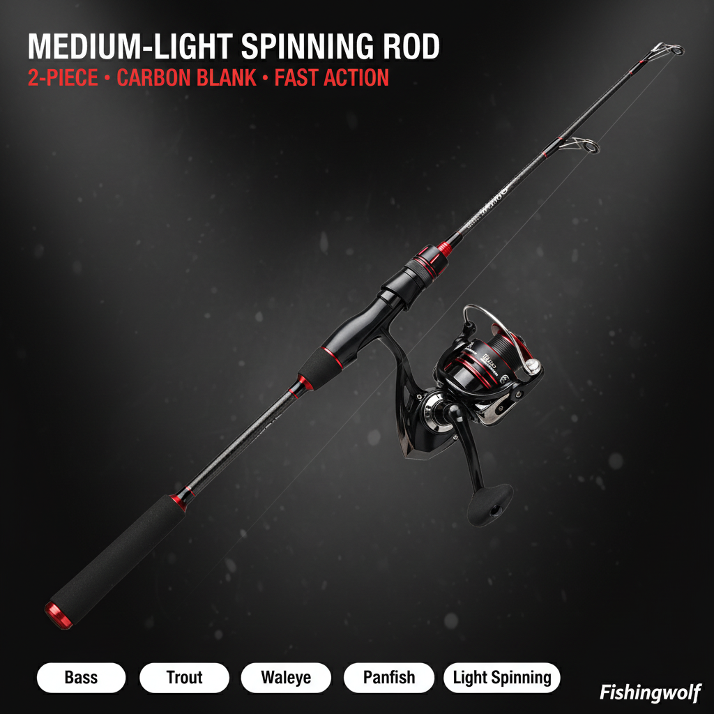 Medium-light spinning rod and reel set with black EVA grip and red accent wraps