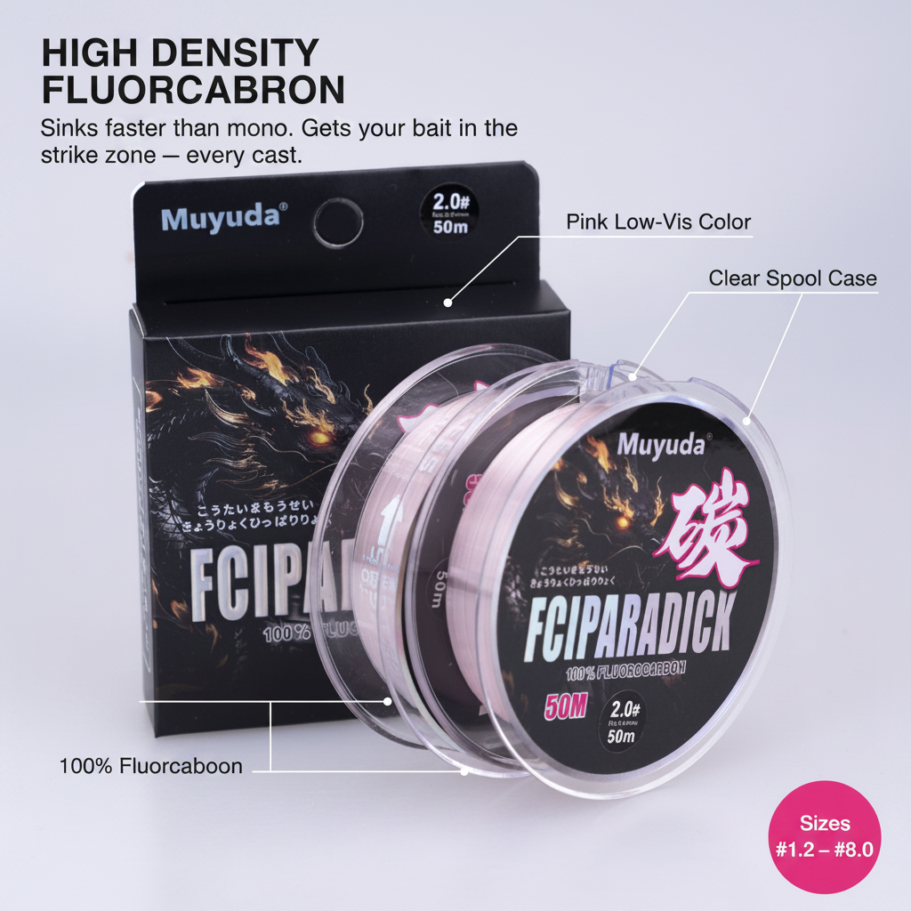 Pink low-visibility fluorocarbon leader line, 50m spool with clear spool case