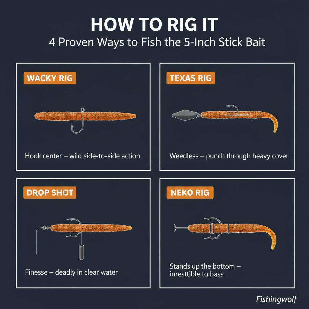 5-inch stick bait soft plastic worm shown rigged for wacky and texas setups