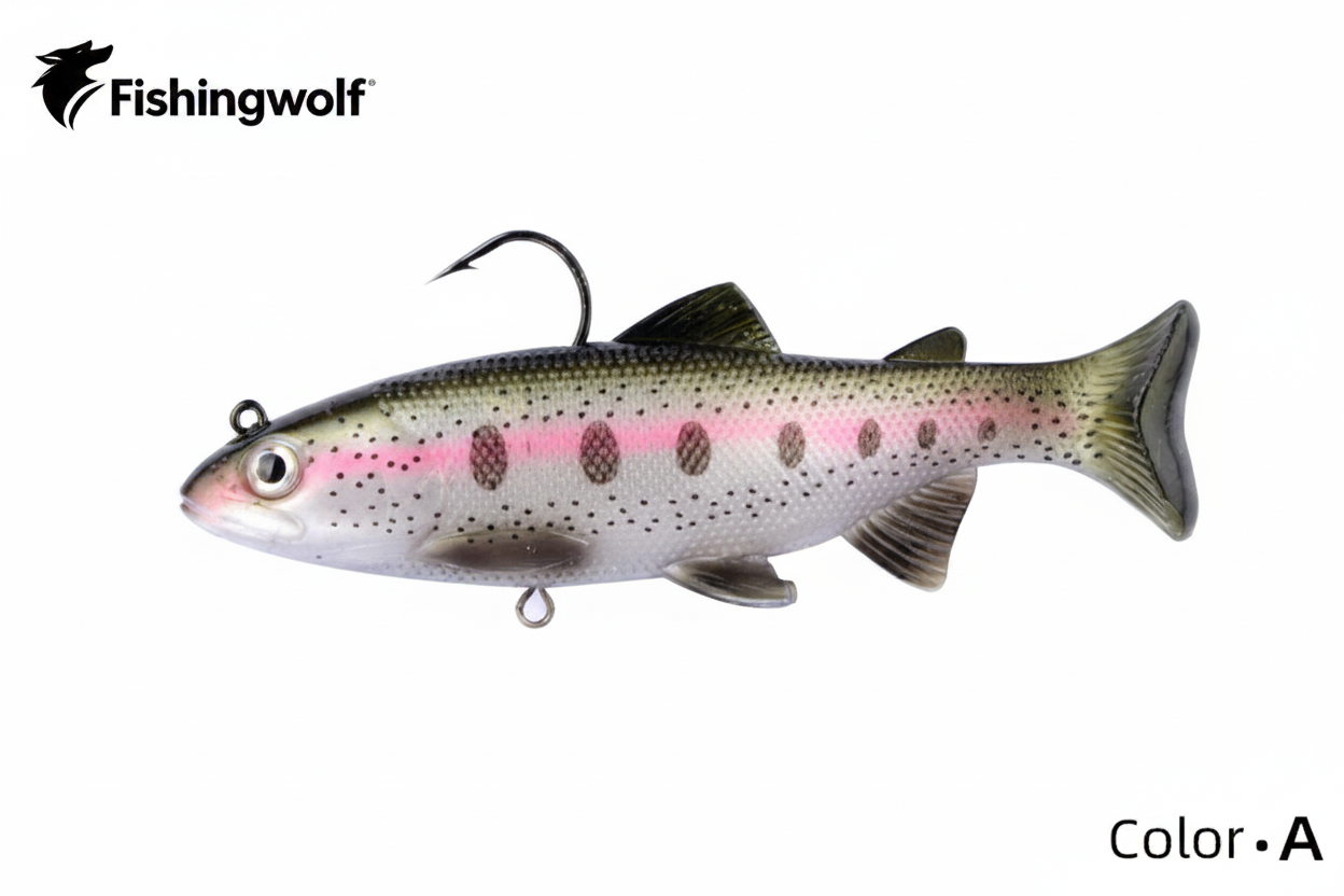 Fishingwolf trout swimbait lure in pink-speckled pattern with jig hook