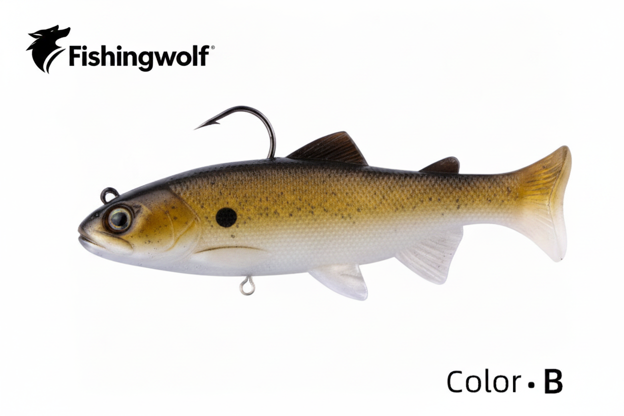 Fishingwolf trout swimbait lure in brown-gold pattern with jig hook