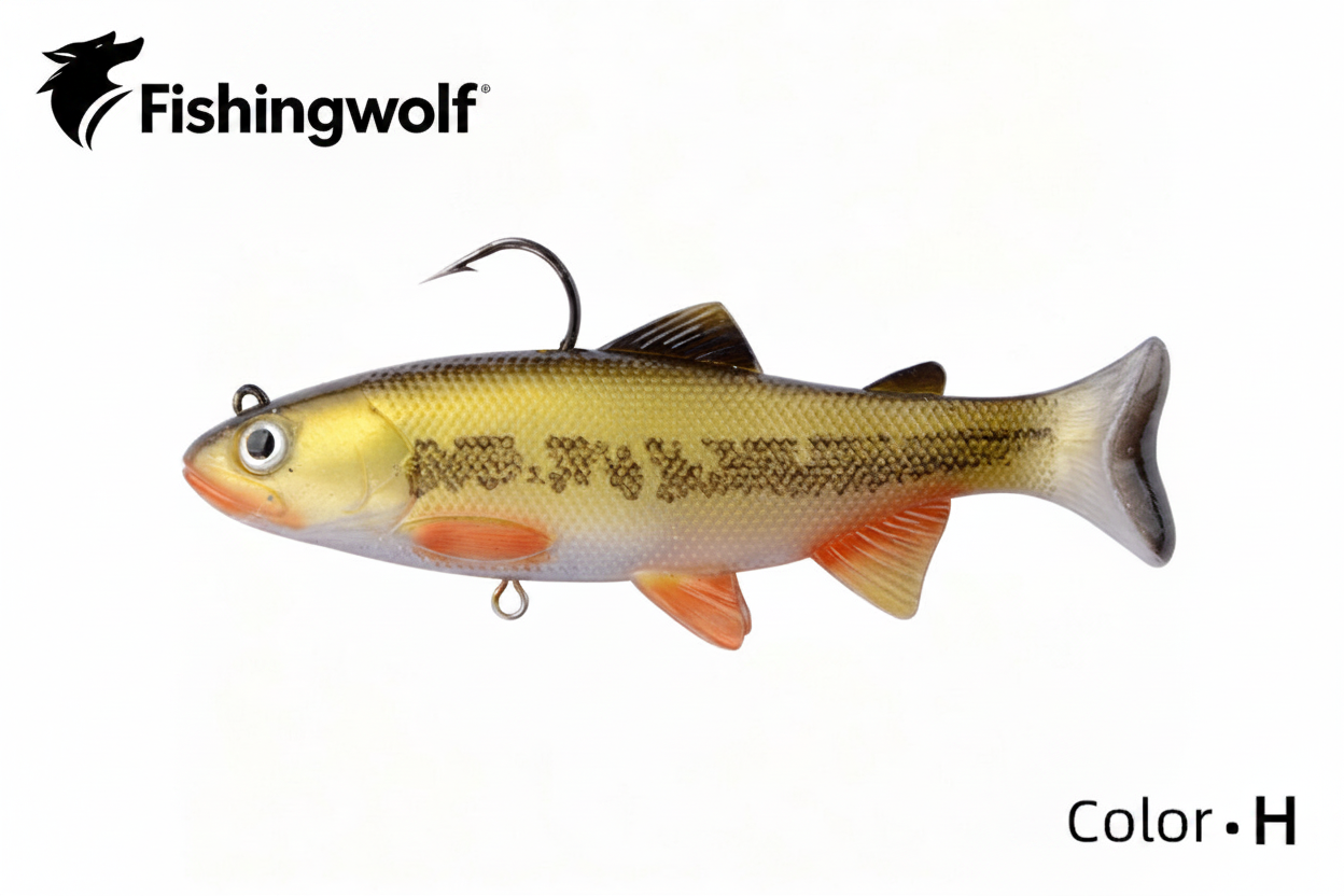 Soft plastic swimbait lure with jig hook, gold-brown speckled fish body