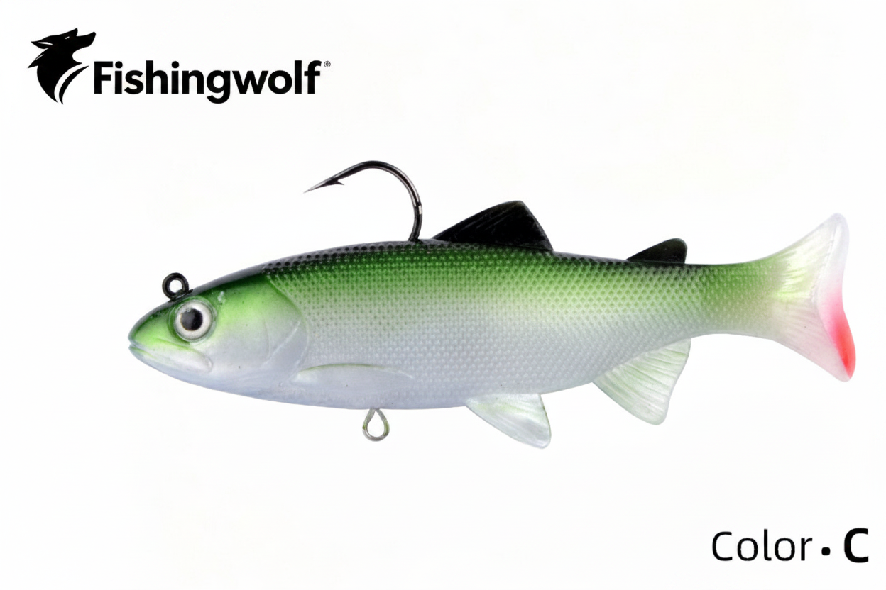 Fishingwolf trout swimbait lure in green color with jig hook