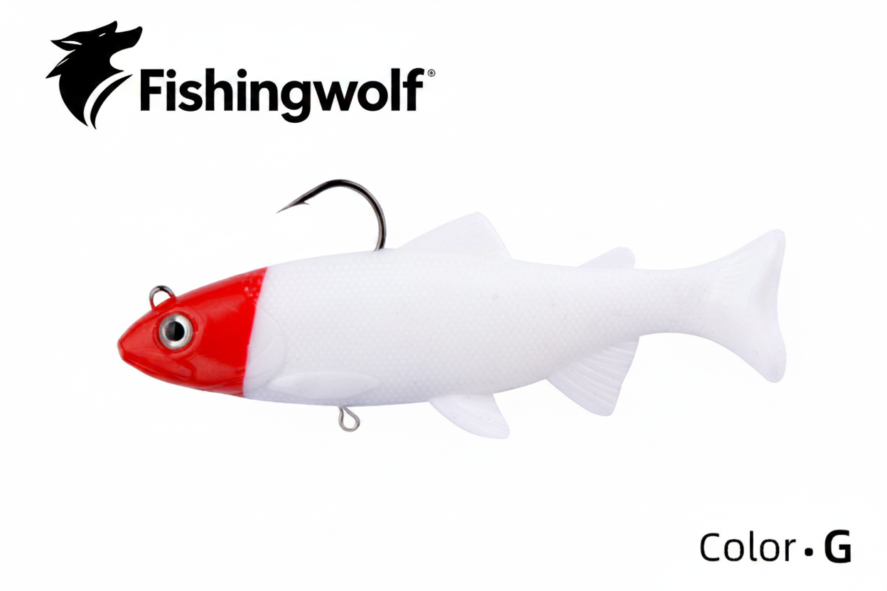 Soft plastic swimbait lure with jig hook, red-and-white fish body